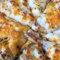 Mama Pizza · Date, egg, feta and mozzarella cheese on garlic butter sauce.