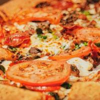 Bada Bing Pizza · Prosciutto, bacon, pepperoni, mozzarella, Roma tomato, spinach, and mushroom.