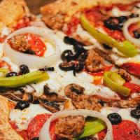 Supremo Pizza · Pepperoni, Italian sausage, Canadian bacon, onions, black olives, bell peppers, and fresh mu...