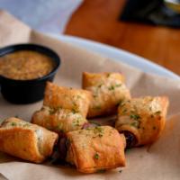 Puffy Pigs In A Blanket · 5 PUFFY PIGS IN A BLANKET (BEEF) SERVED WITH GRANARY MUSTARD AND QUESO BLANCO