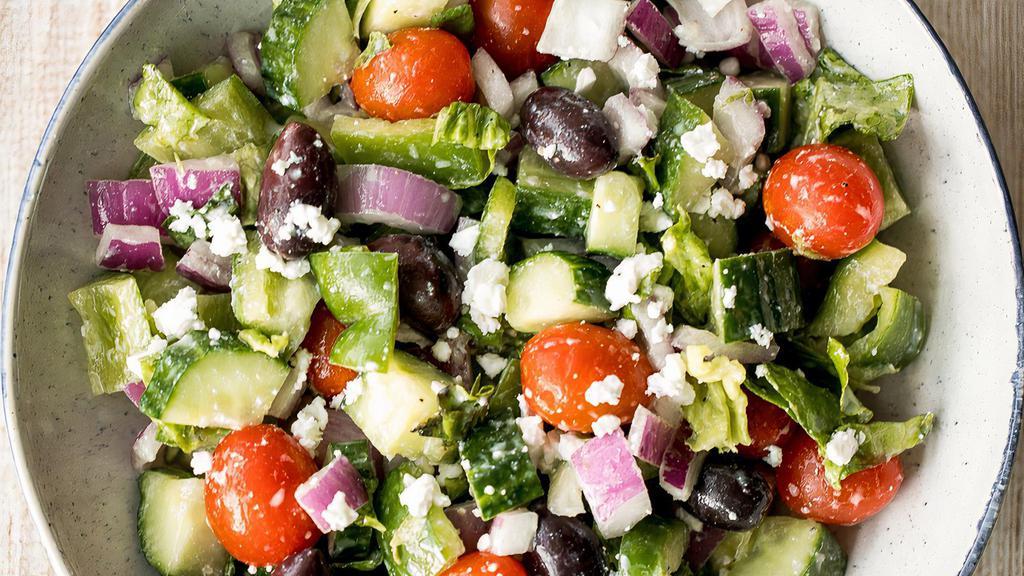 Greek Salad · Lettuce, tomato, onion, black olive, Feta cheese, balsamic, cucumber.
