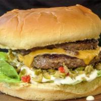 Olive Cheese Burger  · Served with 1/3 lb. beef Lettuce tomato pickles American cheese Sautéed Onion and Olive