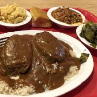 Smothered Peppered Steak · Rice, 2 Sides and Cornbread