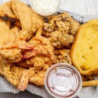 C & B Platter · 2 catfish, 5 shrimps, 6 oysters, served with french fries and a toast.