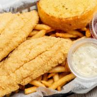 Fried Catfish Platter · Two catfish served with french fries and a toast.