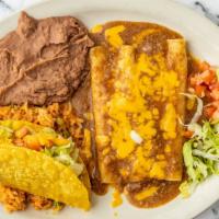 Cheese Enchiladas · Topped with chili con carne, Cheddar cheese, and served with one beef or chicken crispy taco.