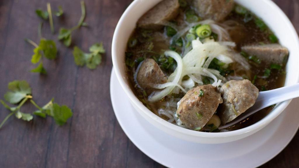 17 Meatball · Slowly simmered Vietnamese beef broth served with rice noodles, with meat ball and garnish.