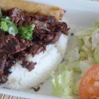 210 Charbroiled Beef · Broken jasmine rice, side salad, with charbroiled beef.
