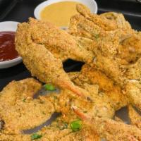 Fried Blue Crab · Two blue crabs.
