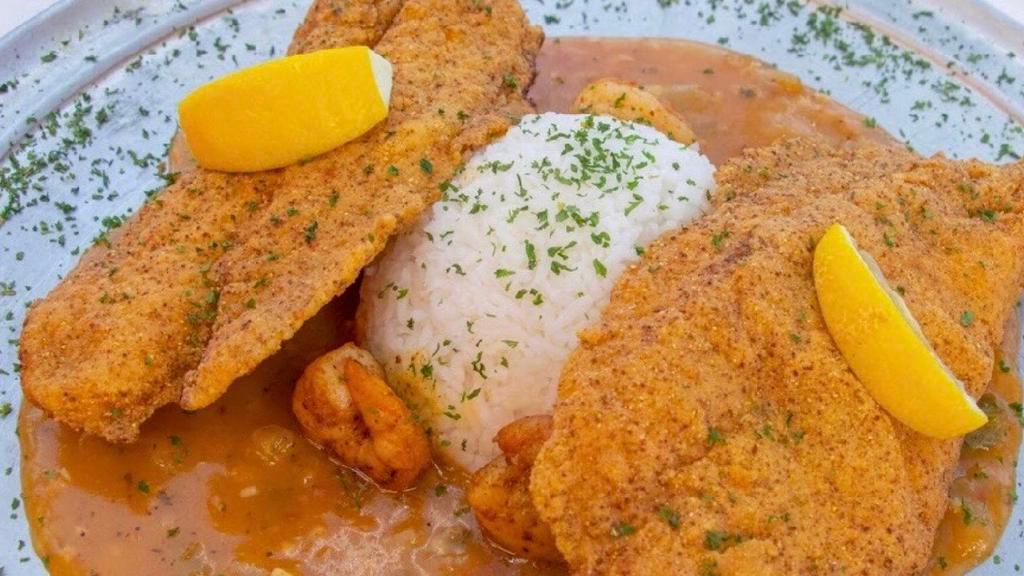 Catfish Atchafalaya · Two pieces fish fried or grill with shrimp or crawfish étouffée.
