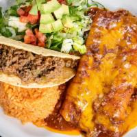 El Famoso · Cheese enchilada, beef enchilada, crispy beef taco served with Mexican rice, garnished with ...