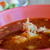 Chicken Tortilla Soup · Our large bowl of chicken tortilla soup is loaded with shredded chicken, onions, tomatoes, a...