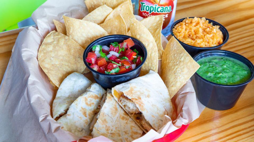 Kids Quesadilla · For kids 12 Years & younger. Includes chips and a drink