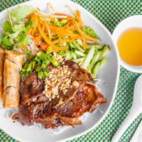 Vermicelli With Chargrilled Pork And Egg Rolls · All vermicelli bowls are served with fresh bean sprouts cucumber lettuce pickled carrots gre...