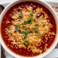 Bison Chili Bowl · our award winning chili made with spicy chiles, ground bison, black, pinto & kidney beans, t...