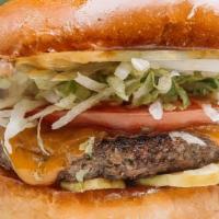 The Backyard Burger · all-natural kansas city kobe beef, yellow cheddar, creamy mustard, shaved sweet onions, dill...