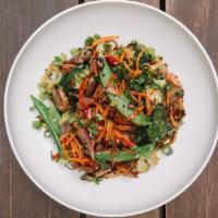The Stir Fry · broccoli, mushrooms, snap peas, red bell pepper, carrots, edamame & red onion sautéed in tam...