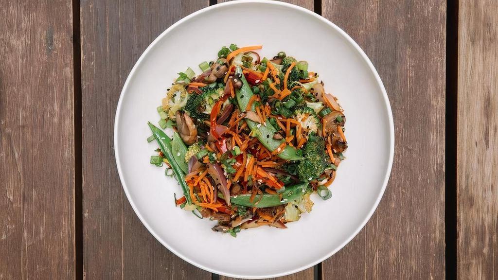 The Stir Fry · broccoli, mushrooms, snap peas, red bell pepper, carrots, edamame & red onion sautéed in tamari & sesame, topped. with toasted sesame seeds