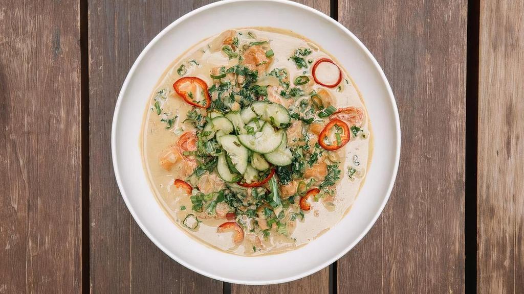 Yellow Curry Bowl · sweet potato, cauliflower, baby kale & grape tomatoes in yellow coconut curry broth topped with cucumber-cilantromint relish, green onion & sliced red chiles