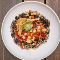 The Tex Mex · quinoa, black beans, salsa, sautéed red bell pepper & onion, avocado, pineapple pico & torti...