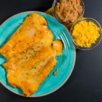 Enchiladas (3) · Choice of cheese, chicken or beef enchiladas. Served with rice, beans, and sour cream.