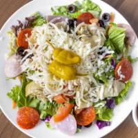 Politano'S Antipasto Salad · lettuce, tomatoes, black olives, pepperoni, Canadian bacon, artichoke hearts, mozzarella che...