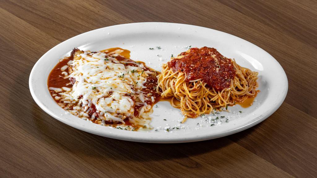 Chicken Parmigiana · Breaded chicken, homemade marinara sauce topped with mozzarella cheese, served with a side of spaghetti