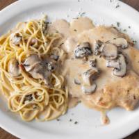 Chicken Ala Panna · Breaded chicken sautéed mushrooms and shallots on brandy cream sauce, served with a side of ...