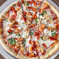 Goat Cheese Gourmet Pizza · Goat cheese, grilled chicken, sundried tomatoes, fresh garlic, spinach, mozzarella cheese