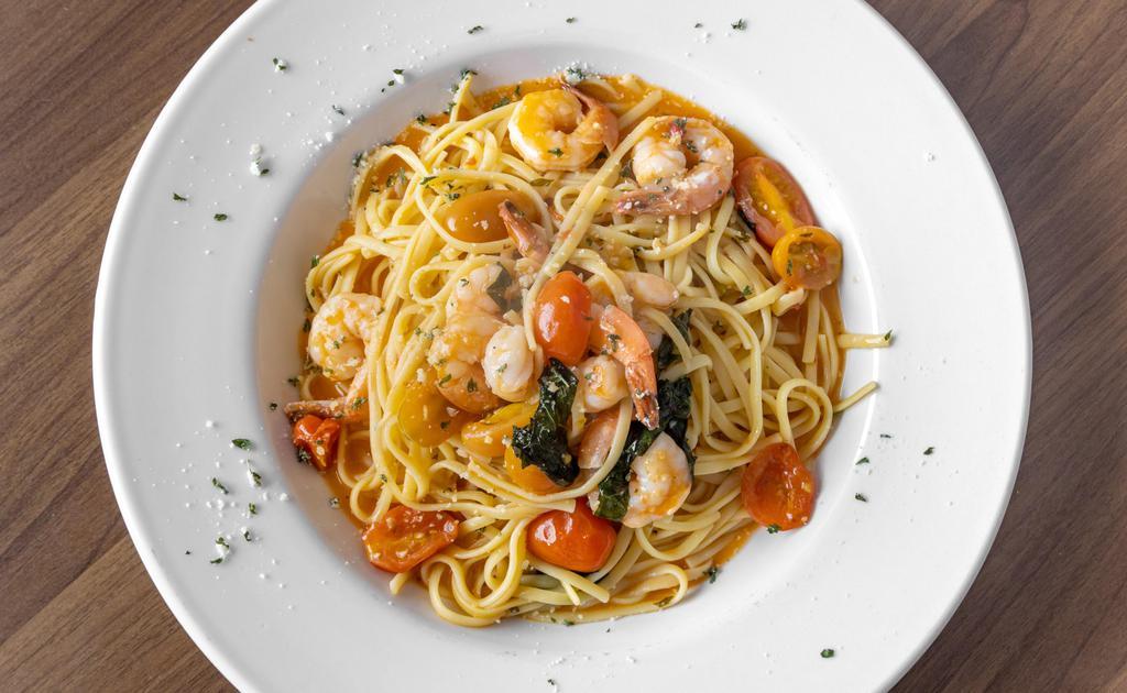 Shrimp Scampi · Linguine pasta, jumbo shrimps, cherry tomatoes, fresh garlic, fresh basil tossed in lemon butter sauce