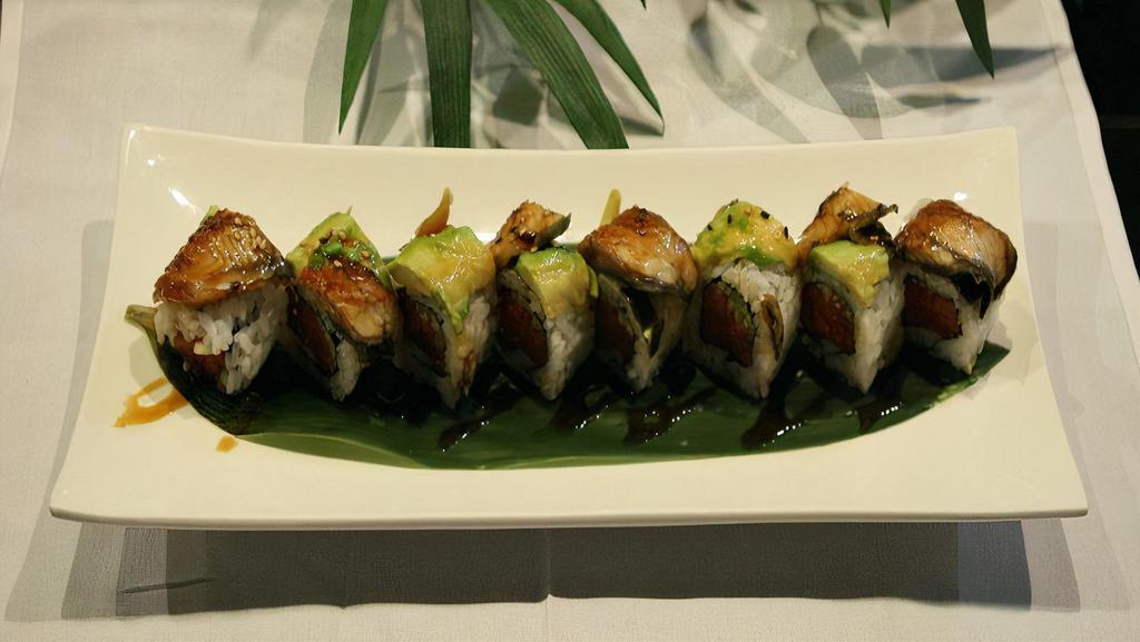 Angry Dragon Roll · Spicy Tuna Roll, Topped with Fresh Water Eel & Avocado