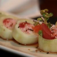 Fujiyama Roll · Radish Sprout, Pickled Radish, Yamagobo, Tuna, Crab Meat, Salmon Wrapped, with Cucumber