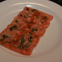 Marinated Salmon · Fresh Salmon, Capers, Mustard, Vinaigrette, Siso Leaves, Olive Oil & Flying Fish Eggs