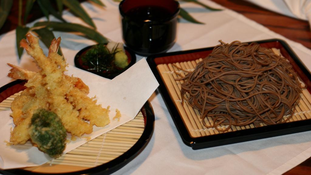 Tempura Jaru Udon Or Jaru Soba · Cold Udon or Soba Noodle with 3 Shrimp & 4 Vegetable Tempura