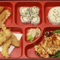 Teriyaki Chicken Bento Box · Grilled Chicken, 4 pieces of California roll, 4 pieces of Shrimp and Vegetable Tempura, 2 pi...