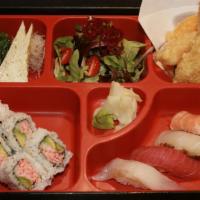 Sushi Bento Box · 4 pieces of Chef's choice sushi, 4 pieces of California roll, 4 pieces of Shrimp and Vegetab...