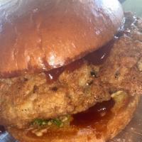 Barbecue Space Chik’N  Sandwich  · spicy battered and barbecue sauced, lettuce, tomato, pickle