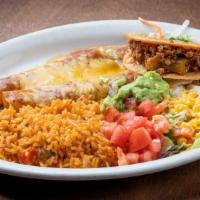 Mucho Dinner · Two ground beef or cheese enchiladas and one beef crispy taco. Served with rice, beans, guac...
