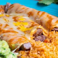Enchilada Dinner · Three ground beef, chicken, or cheese enchiladas. Served with rice, beans and a cheese puff....