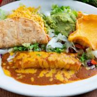 El Sabino · One crispy ground beef taco, one chicken or cheese enchilada and a cheese puff. Served with ...