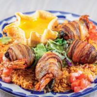 Camaron Brocheta · Four grilled jumbo shrimp, with Monterey Jack cheese, a mild jalapeño, and wrapped with baco...