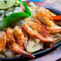 Fajita Camaron · Six grilled jumbo shrimp seasoned to perfection! Served with charro beans, rice, guacamole, ...