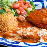 Cancun · Grilled tilapia fillet topped with mi rancho special oregano sauce. Served with one cheese e...
