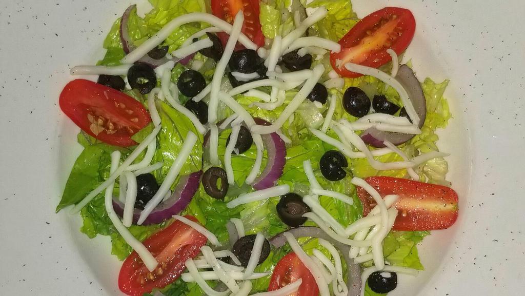 Mediterranean Salad · Romaine Lettuce, Black Olives, Tomatoes, Onions, Cheese, Toppped w/a Blend of Fusion Oil & Red Wine Vinegar