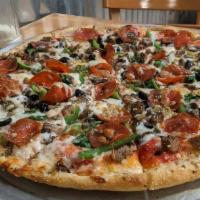 The Works · Pepperoni, Sausage, Bell Peppers, Red Onions, Black Olives, Mushrooms
