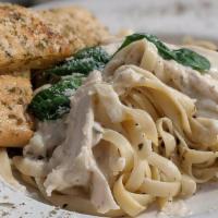 Baked Chicken Alfredo · Made Fresh Alfredo Sauce Mixed w/Fettuccini & Grilled Chicken Breast