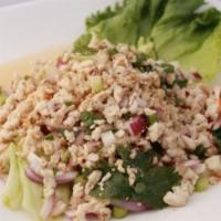 Thai Chicken Salad · Steamed minced chicken, onion, cilantro, roasted rice powder, and Thai chili lime dressing.