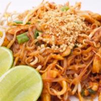 Pad Thai · Rice noodle, eggs, bean sprouts, red and green onion with ground peanuts.