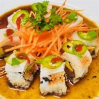 Yellowtail Heaven · Spicy yellowtail and avocado topped with yellowtail, jalapeno, sriracha  and spicy pozu sauce