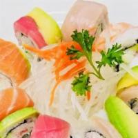 Rainbow Roll · California topped with tuna, salmon, yellowtail, shrimp and avocado